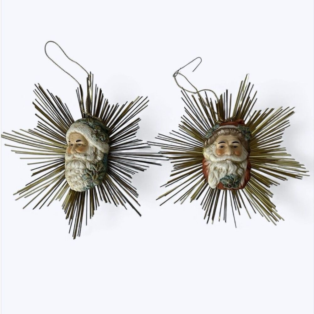 2 Midwest Importers‎ Old World Santa Head Ornaments Tinsel Vtg Christmas Taiwan